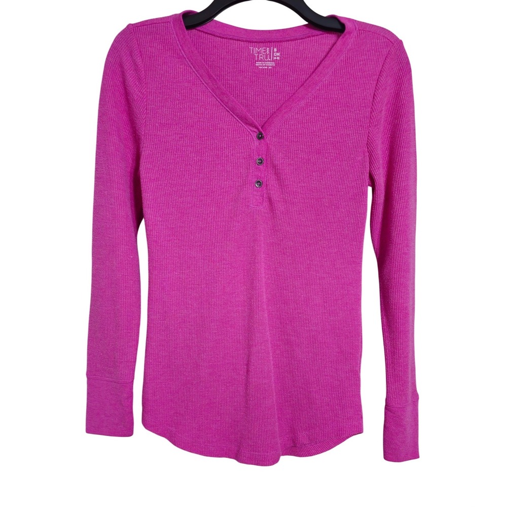 Time and Tru Pink Waffle Knit Henley Long Sleeve Shirt Top Size S EUC